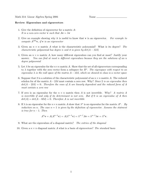 Review For Eigenvalues And Eigenvectors Applied Linear Algebra Math