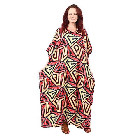 Buy Winlar Red Triangle Print V Neck Long Microfiber Kaftan Dress One Size Fits Most Holiday