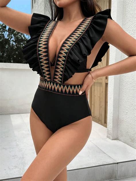 Shein Chevron Tape Ruffle Trim Plunging Neck One Piece Swimsuit With