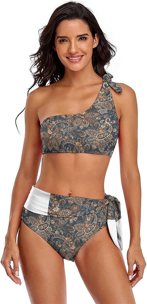 Women S One Shoulder Bikini Sexy High Waisted Swimwear Paisley