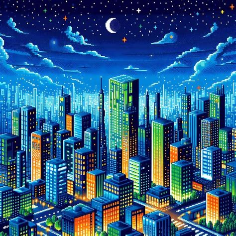 Vibrant Futuristic Pixel Art Cityscape At Night With Animated Neon Elements And Digital Energy