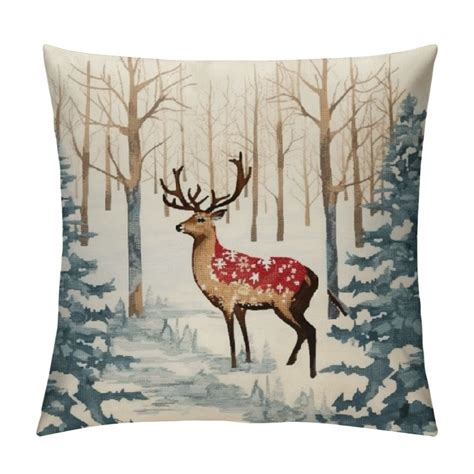 Gotuvs Winter Reindeer Pillow Covers Blue Watercolor Tree Forest Deer