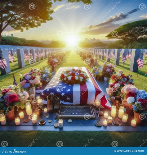 Solemn Grave Draped With An American Flag Is Flanked By Flowers And