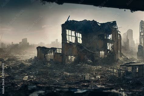 Empty Post Apocalyptic City Landscape Digital Painting Of Building In