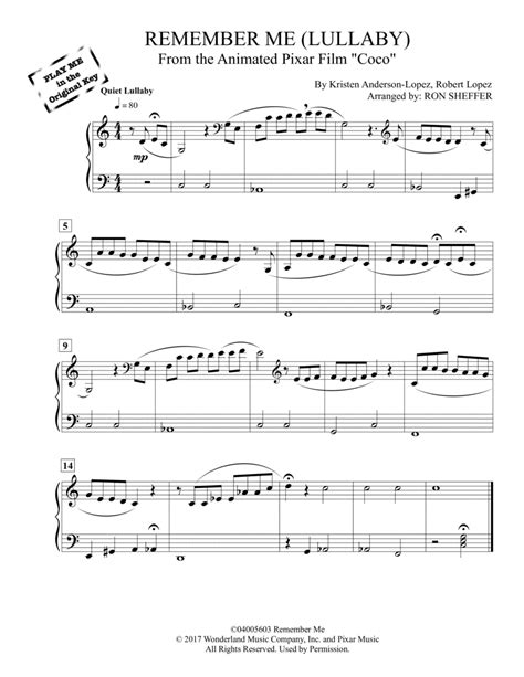 Remember Me Lullaby Sheet Music Robert Lopez Piano Solo