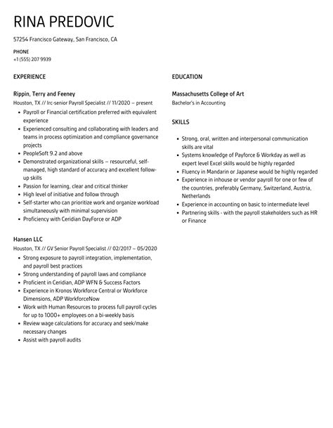 Senior Payroll Specialist Resume Samples Velvet Jobs