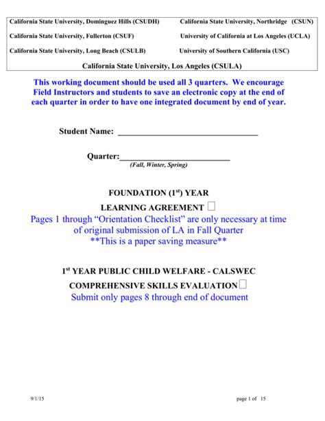 CalSWEC 1 St Year MSW Learning Agreement Comprehensive Skills Evaluation