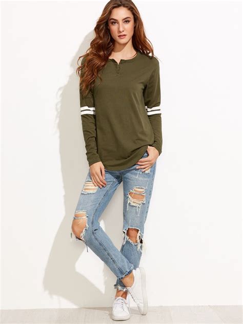 Olive Green Button Neck Varsity Striped Sleeve T Shirtfor Women Romwe