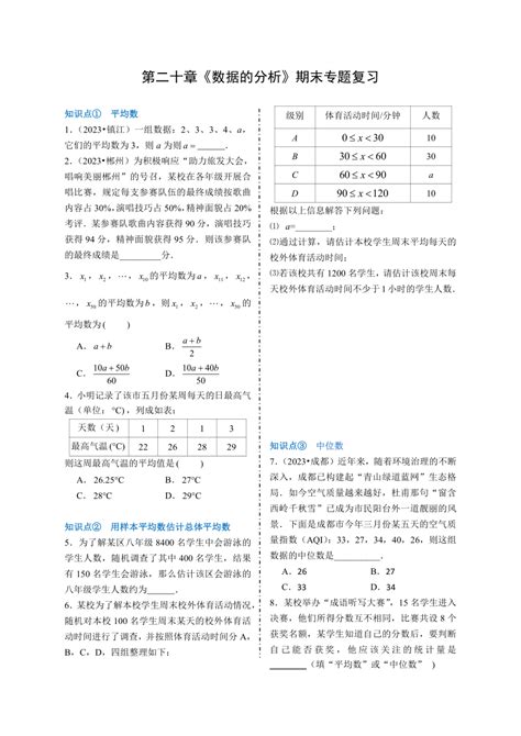 2023 2024学年人教版八年级数学下册第二十章数据的分析期末复习专题训练（无答案） 21世纪教育网