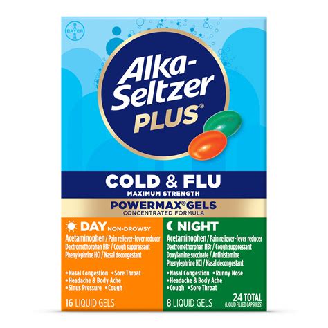 Alka-Seltzer Plus Maximum Strength Cold & Flu Power Max Gels Day + Night Liquid Gels Ingredients ...