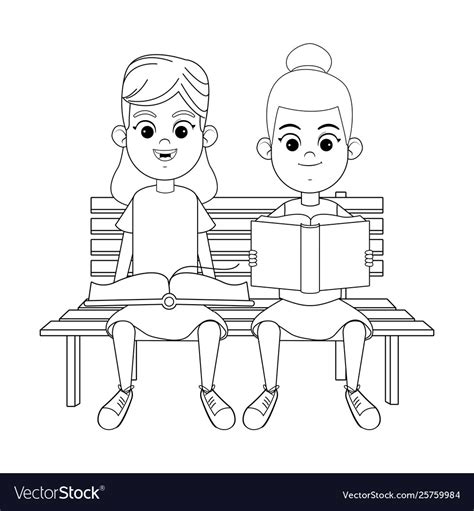 Two young girls reading books black and white Vector Image