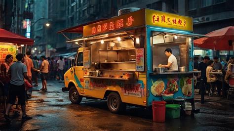 Bustling food truck vibrant colors delicious street food | Premium AI