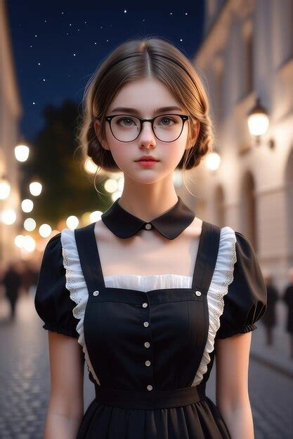 Premium Photo A Pretty European Girl In A Black Pinafore Dress And Glasses On A Night