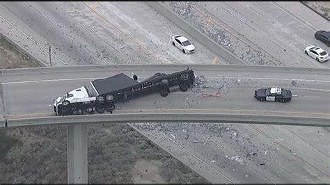 5 Freeway Accident Today Traffic Narrowed Down To 1 Lane After Big Rig Tips Over On Its Side