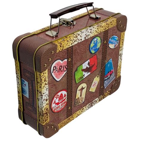 Reisekoffer Vintage Keksdose Mit Bunten Stickern Griff Und