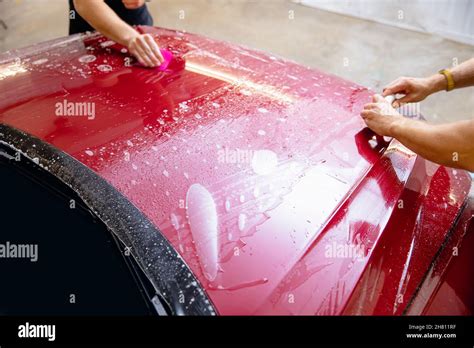 Concept Paint Protection Ppf Is Polyurethane Film Installation On Hood Modern Luxury Car Stock