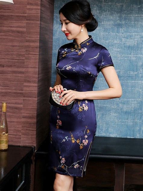 Glam Purple Floral Silk Qipao Cheongsam Dress CozyLadyWear