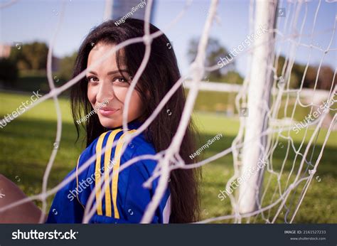 Beautiful Brunette Girl Football Uniform Sitting Stock Photo 2161527233 Shutterstock