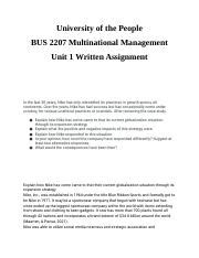 BUS 2207 Unit 1 Written Assignment Docx University Of The People BUS