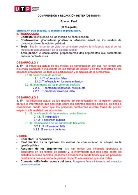 Comprensi N Y Redacci N De Textos Examen Final Formato Utp