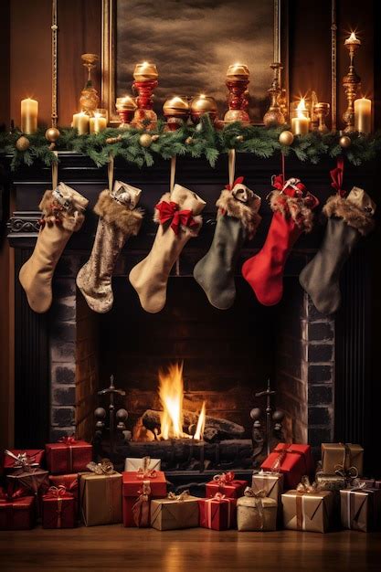 Premium Ai Image Christmas Stockings Hanging Over A Fireplace With A