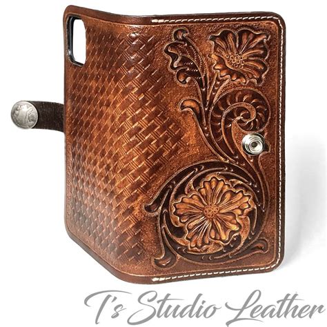 Western Hand Tooled Leather Phone Case With Wallet Credit Card Slots