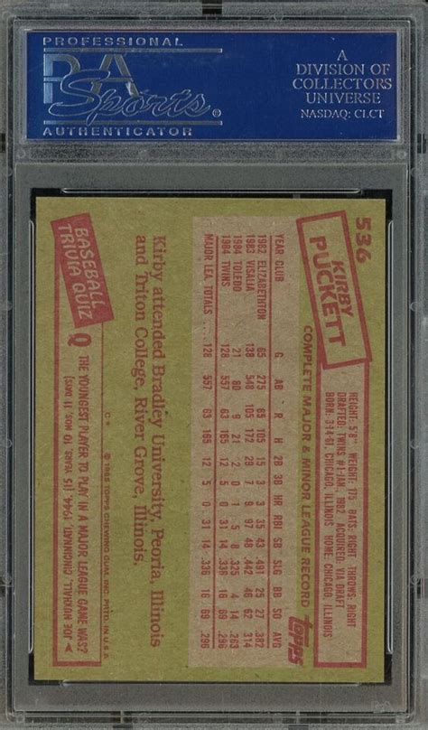 1985 Topps 536 Kirby Puckett Minnesota Twins RC Rookie HOF PSA 8 NM MT