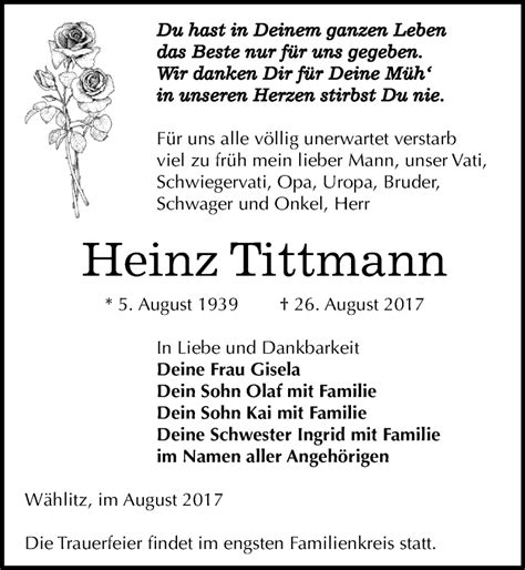 Traueranzeigen Von Heinz Tittmann Abschied Nehmen De