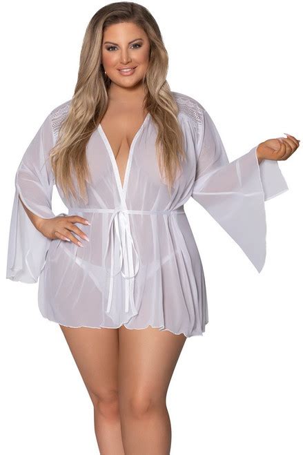 Plus Size White Mesh Flowing Short Robe Spicy Lingerie