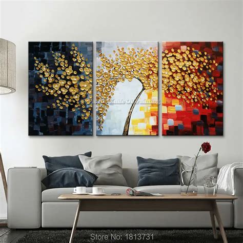 Wall Art Tree Painting 3 Pieces Panel Palette Knife Hand Painted Flower