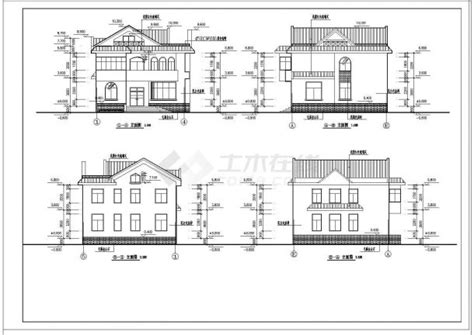 某二层带阁楼层带地下层砖混结构别墅设计cad建筑方案图（标注详细）建筑方案图土木在线