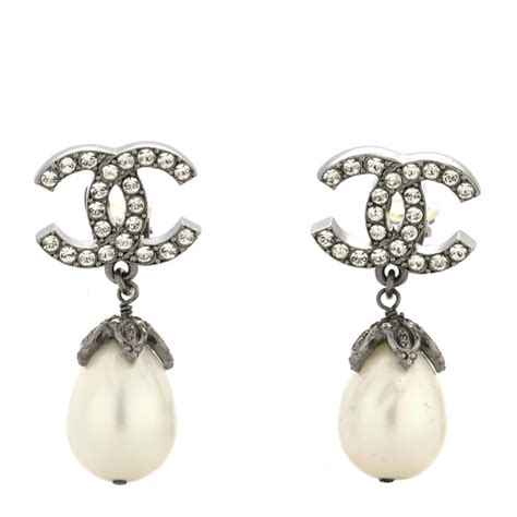 CHANEL Crystal Pearl CC Drop Earrings Silver 1197215 FASHIONPHILE