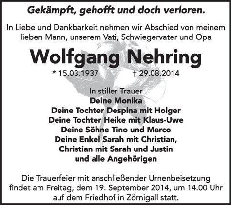 Traueranzeigen Von Wolfgang Nehring Abschied Nehmen De