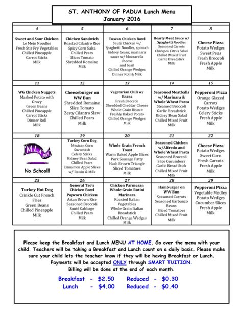 January Lunch Menu St Anthony Of Padua Catholic School