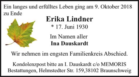 Traueranzeigen Von Erika Lindner Trauer38 De