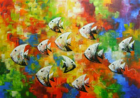 Quadro abstrato alegre peixes pintado a mão 70X100 COD 739 Elo7