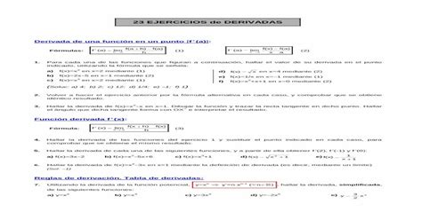 23 Ejercicios De Derivadas · Derivada De Una Función En Un Punto Función Derivada Tabla De