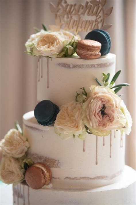 Semi Naked Cake With Macarons And Flowers Enjoy Cakes