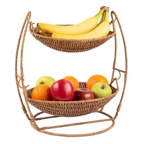 Two Tier Fruit Basket Stand Wicker Fruit Bowl For Kitchen Counter