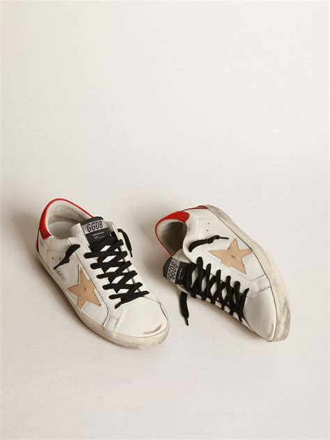 White Super Star Sneakers With Red Rear And Black Laces Golden Goose