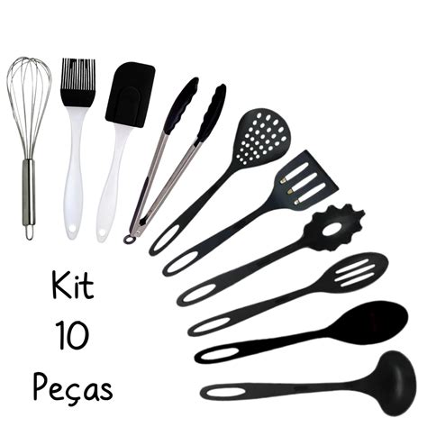 Kit Conjunto Jogo de Utensílios de Cozinha 10 Peças Nylon Silicone