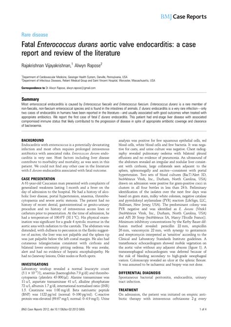 Pdf Fatal Enterococcus Durans Aortic Valve Endocarditis A Case