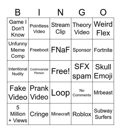 Yt Shorts Bingo Card