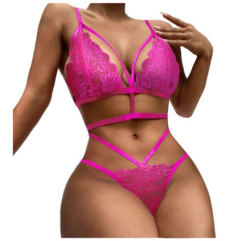 Ydkzymd Hot Pink Women S Lingerie Set Lace Sexy Strappy Cutout Bra And