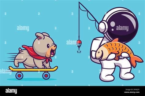 Lindo Astronauta Pesca Ilustración De Dibujos Animados Concepto De Deporte De La Ciencia Imagen