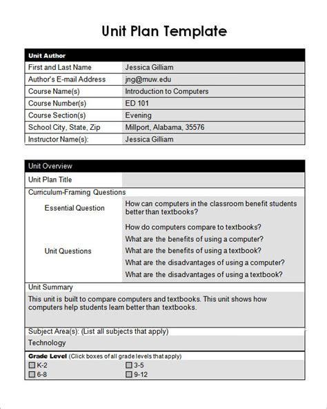 Free 11 Sample Unit Plan Templates In Pdf Ms Word