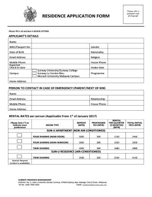 Fillable Online Residence Application Form Sunway University Sunway