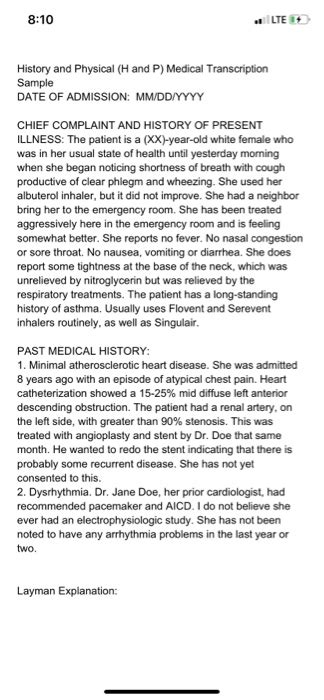 Solved Lte History And Physical Hand P Medical Chegg