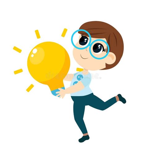 Kid Inventors Day A Cute Boy Runs With A Huge Yellow Light Bulb In His