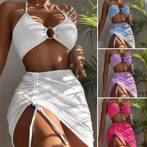 Ettsollp Pcs Set Women Bikini Set V Neck Halter Triangle Cup Drawstring Swimming Bra Briefs Set